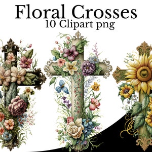 Florale Kreuze Clipart Bundle, Aquarell Kunst, christlich PNG, religiöses Symbol Element katholisch Jesus Gott Heilige Dreifaltigkeit, Retter Osterkirche