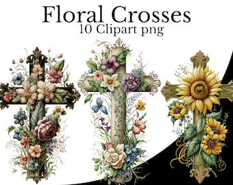 Floral Crosses Clipart Bundle, Watercolor Art, Christian PNG, Religious Symbol Element Catholic Jesus God Holy Trinity, Savior Easter Church