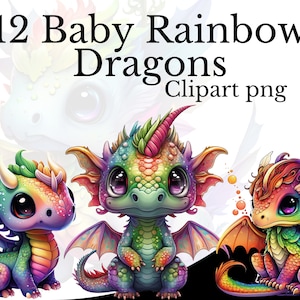 Paquete de imágenes prediseñadas de dragón arcoíris bebé, arte de acuarela, dragón lindo de fantasía PNG, dragón Chibi digital PNG, criatura mitológica, animal arcoíris