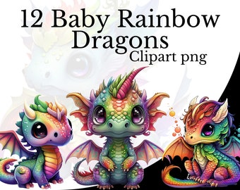Baby Rainbow Dragon Clipart Bundle, Arte dell'acquerello, Fantasy Cute Dragon PNG, Digital Chibi Dragon PNG, Creatura mitologica, Animale arcobaleno