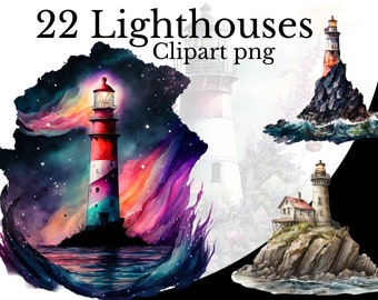 Lighthouse Clipart Bundle, Watercolor Art, Lighthouse PNG, Digital Art, Summer Art, Journal Art, Transparent Background, AI Art, Beach Art