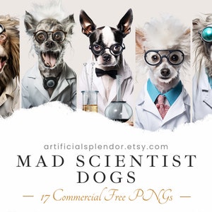 Bundle de cliparts chien savant fou, usage commercial gratuit, professeur chien portant une blouse de laboratoire, PNG animal, chien numérique dans des vêtements, art de la salle de classe