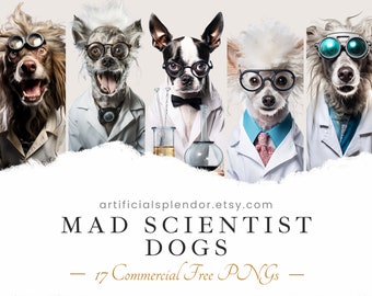 Mad Scientist Dog Clipart Bundle, Free Commercial Use, Professor Dog Wearing Lab coat, Animal PNG, Digital Canine in Clothes, Classroom Art