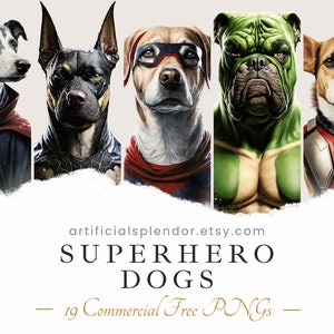 Superheld Hunde Clipart Bundle, Aquarellkunst, Mensch Tier PNG, Digitale Bulldogge als Person verkleidet Realistischer Hund Superheld Hund mit Umhang