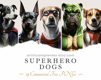 Paquete de imágenes prediseñadas de perros superhéroes, arte de la acuarela, PNG animal humano, Bulldog digital vestido como persona perro realista perro superhéroe con capa
