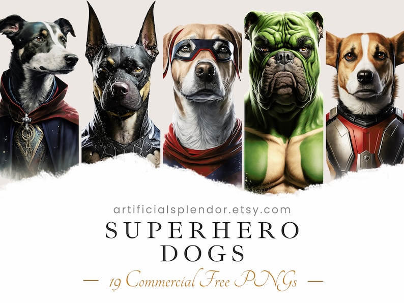 Superhero Dogs Clipart Bundle, Watercolor Art, Human Animal PNG, Digital Bulldog Dressed as Person Realistic Dog Super Hero Dog Wearing Cape image 1
