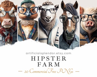 Hipster Farm Animal clipart Bundle, akwarela, ludzki kurczak PNG, cyfrowy koń przebrany za osobę realistyczną krowę bydlęcą w okularach