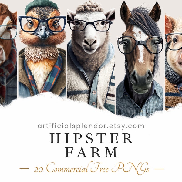 Hipster Farm Animal Clipart Bundle, Watercolor Art, Human Chicken PNG, Digital Horse Dressed as Person Realistic Cattle Cow Wearing Glasses