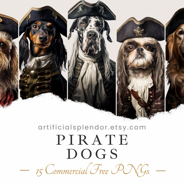 Paquete de imágenes prediseñadas de perro pirata, arte de acuarela, PNG de animal humano, animal digital vestido como persona, arte de perro realista, perro de lujo, capitán bucanero