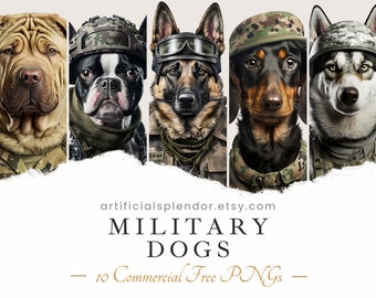 Military Dog Clipart Bundle, Army Watercolor Art, Human Animal PNG, Digital Canine Dressed as Person Soldier Dog in Helmet Portrait Painting