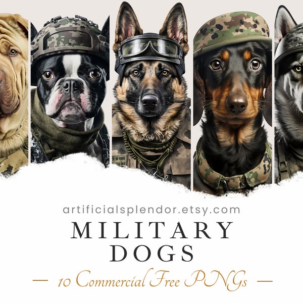 Military Dog Clipart Bundle, Army Watercolor Art, Human Animal PNG, Digital Canine Dressed as Person Soldier Dog in Helmet Portrait Painting