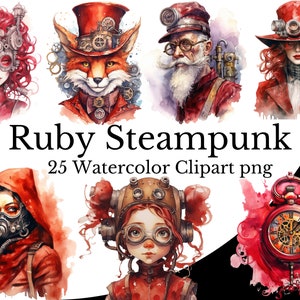 Ruby Red Steampunk Clipart Bundel, Steampunk Aquarel Kunst Digitale Steampunk PNG Transparante Achtergrond, Gratis Commercieel Gebruik, Vintage