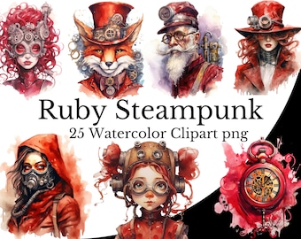 Rubinröd Steampunk Clipart-paket, Steampunk akvarellkonst Digital Steampunk PNG Transparent Bakgrund, Fri Kommersiell Användning, Vintage