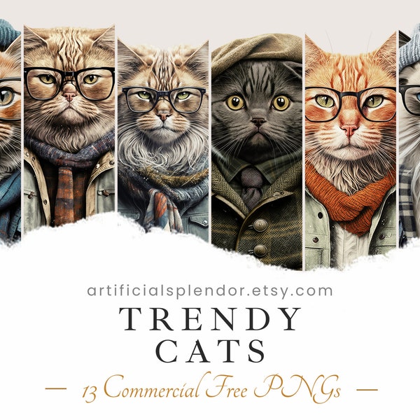 Paquete de imágenes prediseñadas de gato de moda, arte de gato Hipster, PNG de animal humano, Tabby digital vestido como persona, arte de gato realista, felino de lujo con gafas