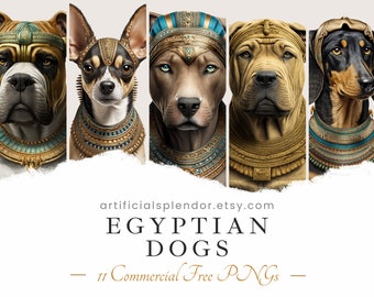 Egyptian Dog Clipart Bundle, Watercolor Art, Human Animal PNG, Digital Ancient Egypt Chihuahua Dressed as Pharaoh Realistic Canine Beagle