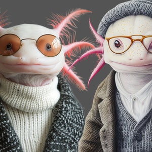 Op de afbeelding: Twee axolotls die brillen en truien dragen. De axolotl links draagt een witte trui en een zwart-wit gepatroneerd jack. De axolotl rechts draagt een grijze trui, een bruin jack en een grijze muts.