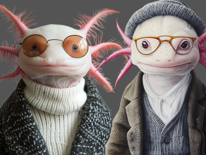 Op de afbeelding: Twee axolotls die brillen en truien dragen. De axolotl links draagt een witte trui en een zwart-wit gepatroneerd jack. De axolotl rechts draagt een grijze trui, een bruin jack en een grijze muts.