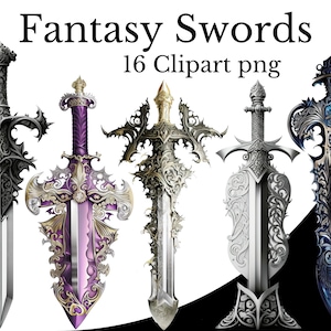Fantasy Sword Clipart Bundle, aquarelle PNG, RPG article Art, fond Transparent, élément de jeu vidéo magique arme médiévale Gamer Longsword