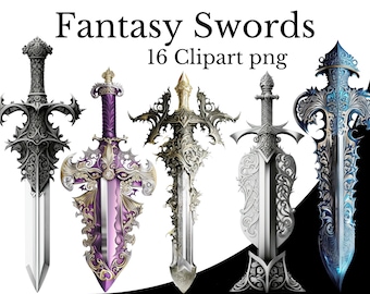Fantasy Sword Clipart Bundle, Watercolor PNG, RPG Item Art, Transparent Background, Video Game Element Magic Medieval Weapon Gamer Longsword