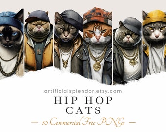 Hip Hop Cat Clipart Bundle, Watercolor Art, Human Animal PNG, Digital Feline Dressed as Person Realistic Cat Rap Gangster Cat Wearing Hat