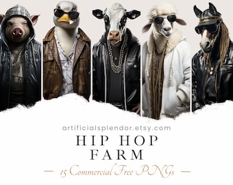 Hip Hop Farm Animal Clipart Bundle Watercolor Animal Human Gangster Rapper PNG Digital Horse Dressed as Person Realistic Urban Cow Chicken