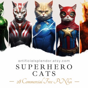 Bundle de cliparts chats super-héros chat aquarelle art animal drôle PNG chaton numérique déguisé en personne chat réaliste chat super héros portant une cape