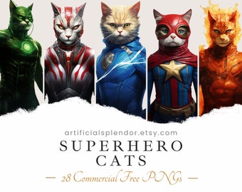 Superbohaterowie Koty Clipart Bundle Akwarela Kot Sztuka Zabawne Zwierzę PNG Cyfrowy Kociak Ubrany Jak Osoba Realistyczny Kot Superbohater Kot Noszący Pelerynę