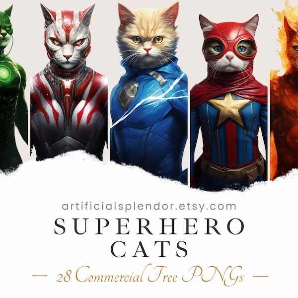Superhero Cats Clipart Bundle Watercolor Cat Art Funny Animal PNG Digital Kitten Dressed as Person Realistic Cat Super Hero Cat Wearing Cape