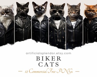 Pakiet clipartów Biker Cat, sztuka akwarelowa, ludzkie zwierzę PNG, cyfrowe zwierzę przebrane za osobę realistyczny kot w czarnej skórzanej kurtce