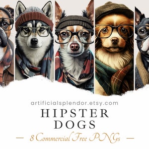 Pacchetto clipart cane hipster, arte dell'acquerello, PNG animale umano, animale digitale vestito da persona, cane realistico, cane fantasia, con gli occhiali