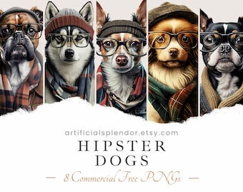 Hipster Dog Clipart Bundle, Watercolor Art, Human Animal PNG, Digital Animal Dressed as Person Realistic Dog Art Fancy Dog Wearing Glasses