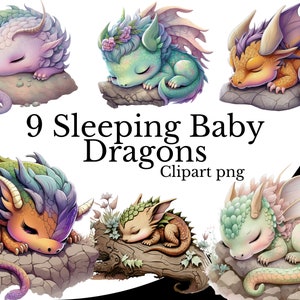 Op de afbeelding: Negen schattige baby-draken die slapen op rotsen en boomstammen. De draken zijn in verschillende tinten groen, paars en oranje met gesloten ogen en vleugels. De afbeelding is gelabeld met "9 Sleeping Baby Dragons Clipart png".
