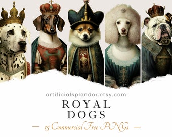 Zestaw clipartów z motywem psa, akwarela, ludzkie zwierzę PNG, cyfrowe, zwierzę przebrane za osobę, portret psa w stylu vintage, malarstwo króla i królowej psa
