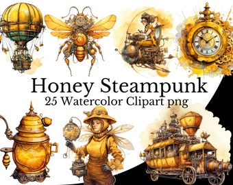 Honey Yellow Steampunk Clipart Bundle, Gold Steampunk Watercolor Art Digital Steampunk PNG Transparent Background, Free Commercial Use