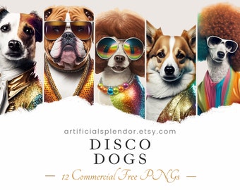 Zestaw clipartów Disco Dog, akwarela z lat 70. XX wieku, zwierzę, cyfrowy tancerz, pudel przebrany za osobę, realistyczny pies w cekinowej kurtce