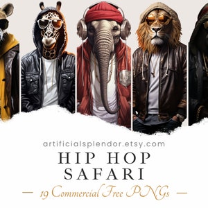 Hip Hop Animal Clipart Pacote Animais Safari Arte Rap Músico PNG Leão Digital Vestido como Gangster Rapper Realista Tigre Engraçado Gorila PNG