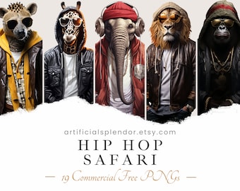 Hip Hop Animal Clipart Bundle Safari Animals Art Rap Muzyk PNG Cyfrowy Lew Przebrany za Gangstera Rapera Realistyczny Tygrys Zabawny Goryl PNG