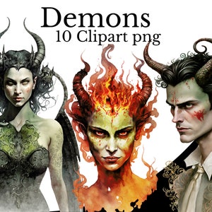 Démon Clipart Bundle, aquarelle Art, diable avec des cornes PNG, sorcière d’horreur numérique, Wiccan occulte sang mal effrayant effrayant, Portrait démoniaque