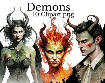 Demon Clipart Bundle, Watercolor Art, Devil with Horns PNG, Digital Horror Witch, Wiccan Occult Blood Evil Scary Creepy, Demonic Portrait