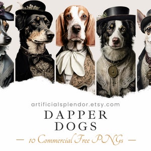 Dapper Dog Graphic Bundle, Aquarel Clipart, Human Animal PNG, Victoriaanse Beagle verkleed als persoon Vintage Fancy Dog in Hat Portrait