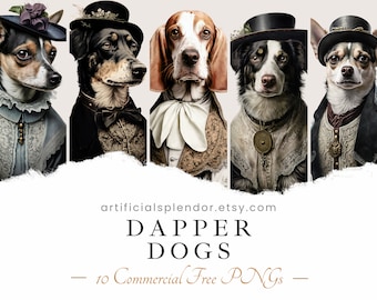 Zestaw graficzny Dapper Dog, clipart akwarelowy, ludzkie zwierzę PNG, wiktoriański Beagle przebrany za osobę Vintage elegancki pies w kapeluszu portret