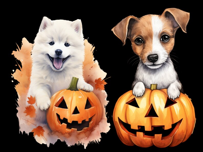 May include: Two adorable puppies, one white and one brown and white, are holding jack-o'-lantern pumpkins. The pumpkins have carved smiling faces. The background is a watercolor wash of orange and brown.
