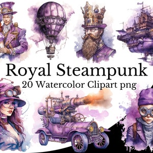 Koninklijke paarse Steampunk clipart bundel, Steampunk aquarel kunst digitale Steampunk PNG transparante achtergrond, gratis commercieel gebruik, vintage
