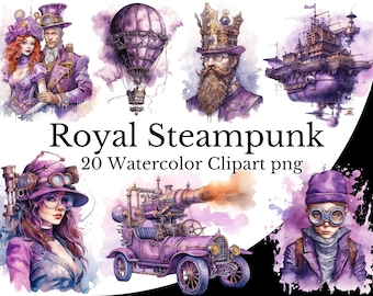 Royal Purple Steampunk Clipart Bundle, Steampunk Watercolor Art Digital Steampunk PNG Transparent Background, Free Commercial Use, Vintage