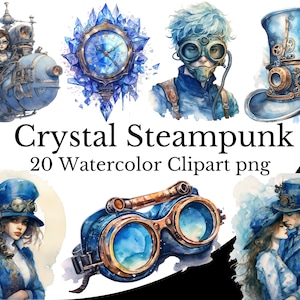 Crystal Blue Steampunk Clipart Bundel, Steampunk Aquarel Kunst Digitale Steampunk PNG Transparante Achtergrond, Gratis Commercieel Gebruik, Vintage