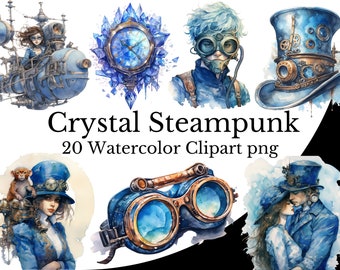 Crystal Blue Steampunk Clipart Bundle, Steampunk Watercolor Art Digital Steampunk PNG Transparent Background, Free Commercial Use, Vintage