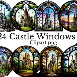 Castle Window Clipart Bundel, Aquarel PNG, RPG Item Art, Transparante Achtergrond, Glasraam Element, Fantasy Landscape View