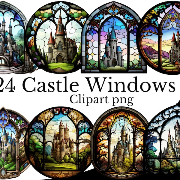 Castle Window Clipart Bundle, Watercolor PNG, RPG Item Art, Transparent Background, Stained Glass Window Element, Fantasy Landscape View