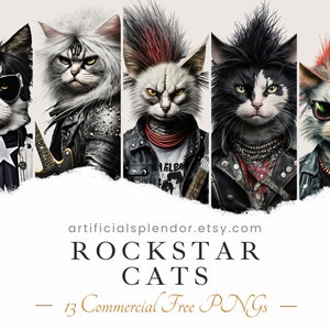 Bundle de cliparts chat rockstar, aquarelle, animal humain PNG, numérique Punk Rocker Tabby déguisé en personne réaliste féline guitare électrique