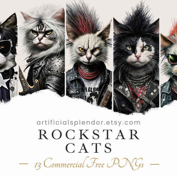 Pacchetto di clipart Rockstar Cat, arte ad acquerello, PNG animale umano, punk rocker digitale soriano vestito da chitarra elettrica felina realistica